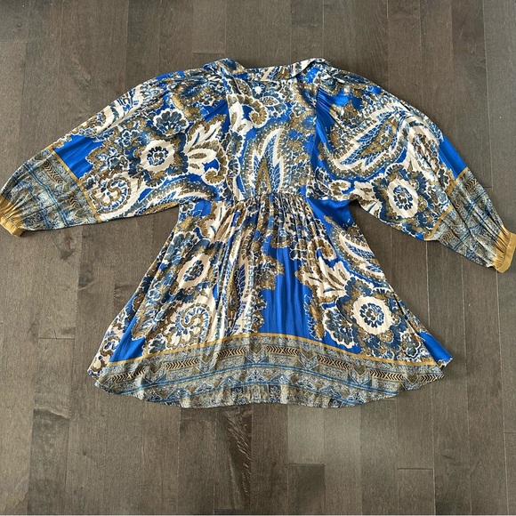 NWT Free People Say You Love Me Blue Gold Mini Dress Boho Babydoll Festival S - Picture 9 of 11